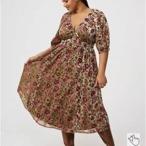 Torrid Floral Puff-Sleeve Maxi Dress in Olive and Rose NWT